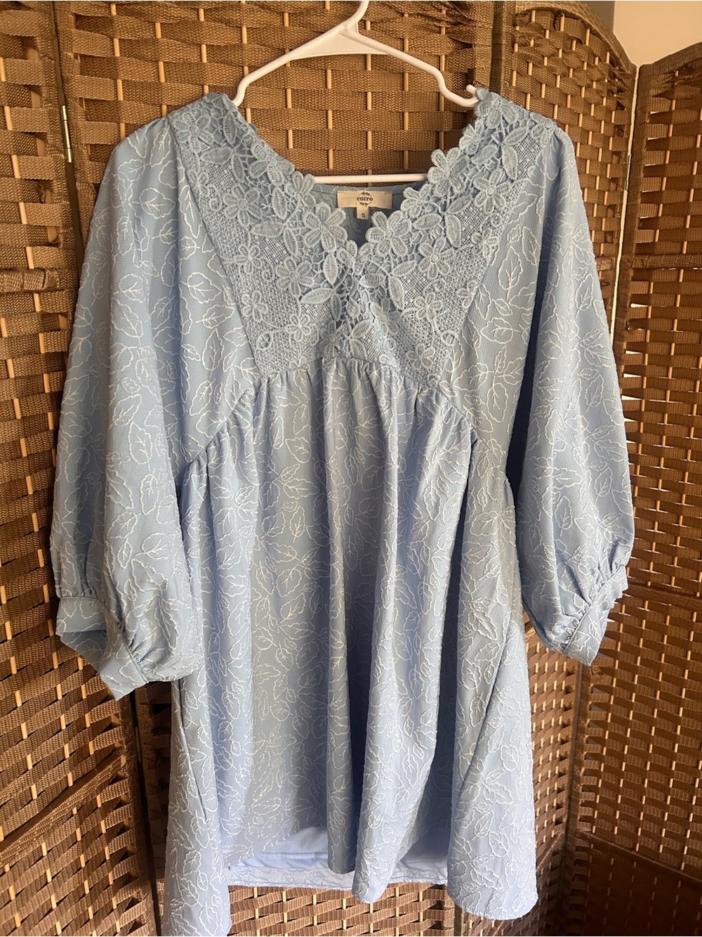 Light Blue Floral Lace Yoke Long-Sleeve Dress